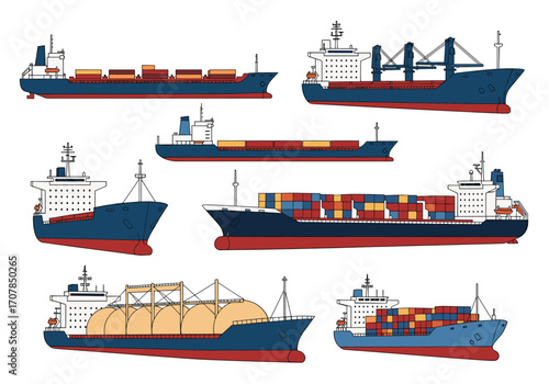 Diverse cargo ships sailing on the ocean representing global trade and international shipping