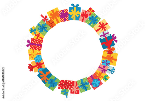 Colorful gift boxes arranged in a circle, perfect for holiday greetings and festive designs