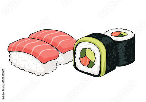 Fresh sushi rolls and nigiri, a delicious and vibrant Japanese cuisine illustration