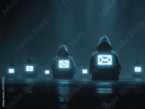 Email spam attack concept with hooded figures and glowing email icons for cybercrime