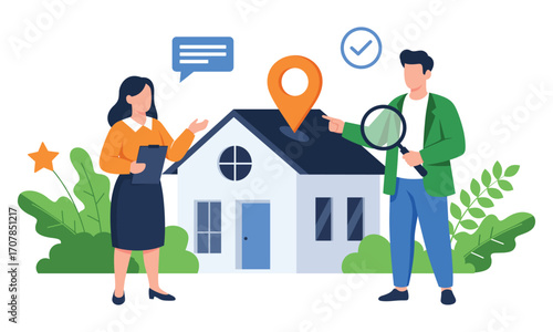 Real estate agent showing house to buyer with location pin and magnifying glass for inspection
