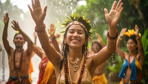 Smiling Female Dancer Performing in Lush Green Rainforest with Raised Hands and Elaborate Headdress during Cultural Celebration