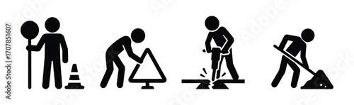 set of icons road workers, people doing road repair, sticks figure stickman isolated silhouettes