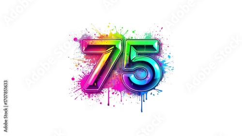 Colorful Number 75 with Paint Splatter Background - Anniversary, Birthday, Celebration Design