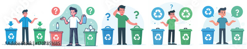 vector of a confused person throwing rubbish into the recycling bin