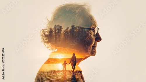 Double exposure of an old woman, with a mother and child walking in water at sunset symbolizing memories. Nostalgia and life journey concept.