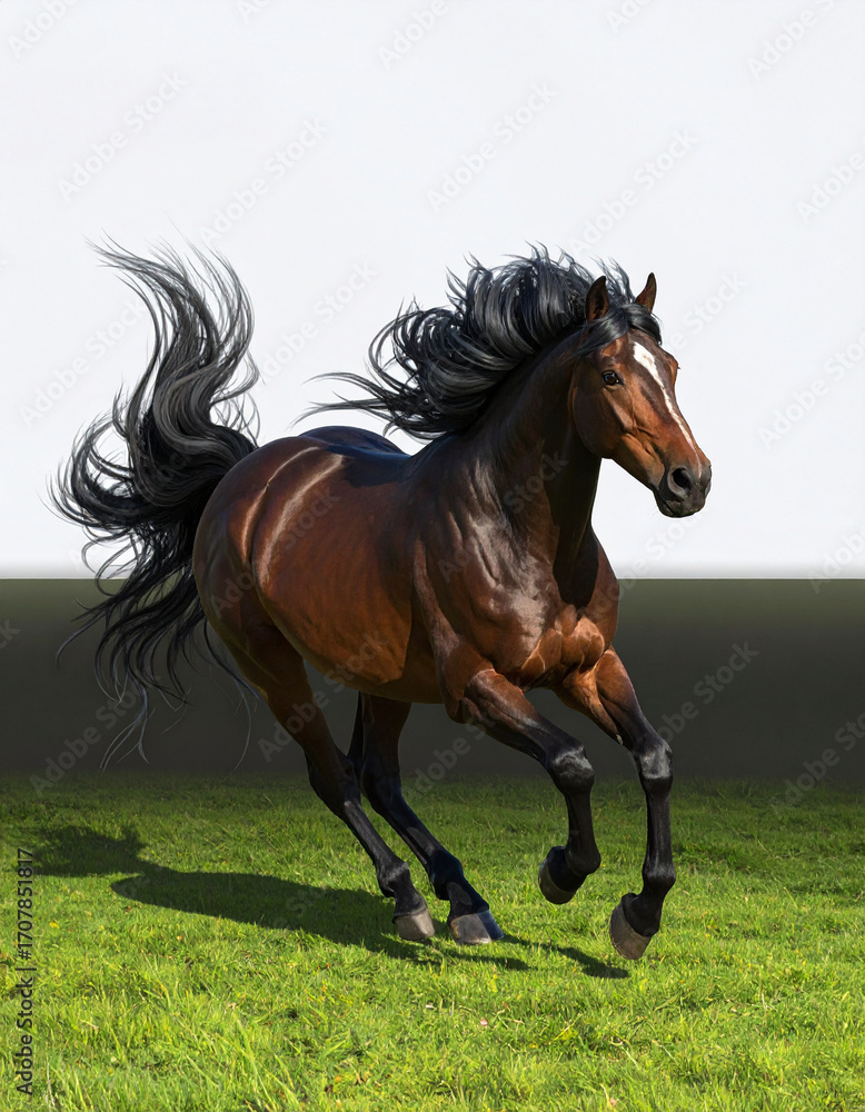 Obraz premium Powerful brown horse running across green grass with mane flying in motion