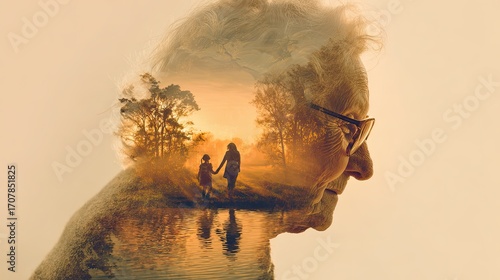 Double exposure of an elderly woman's profile with a woman and child holding hands by a river at sunset. Memory, nostalgia, and family concept.
