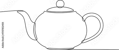 Black and white single line drawing of a teapot kettle beverage