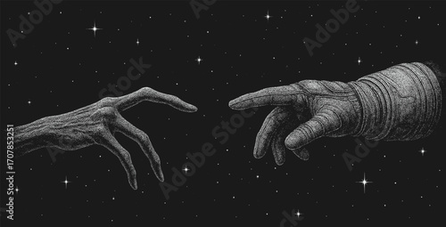Black and white vector illustration of an Alien hand reaching toward a astronaut human hand,representing cosmic connection, creation and contact between extraterrestrial life and humanity