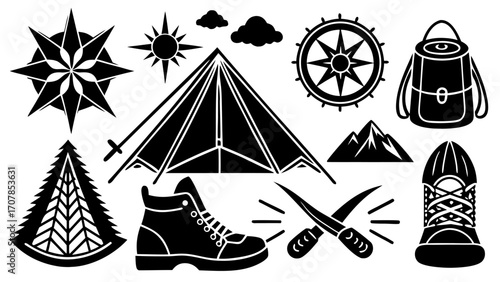 Vector illustration showing camping equipment including tent, compass, backpack, boots, knives and other outdoor items