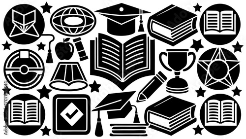 Vector illustration showcasing various educational icons including books, graduation caps, and academic awards