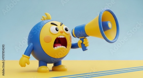 A cartoon character with a megaphone, showcasing vibrant colors and a dynamic pose, delivers a message against a pastel backdrop.