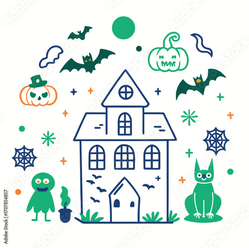 A whimsical vector cartoon of a small house with a glowing chimney nestled in a snowy Christmas forest under the night sky