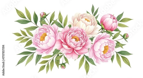 Delicate pink and cream peonies and leaves create a beautiful floral arrangement against a white background.