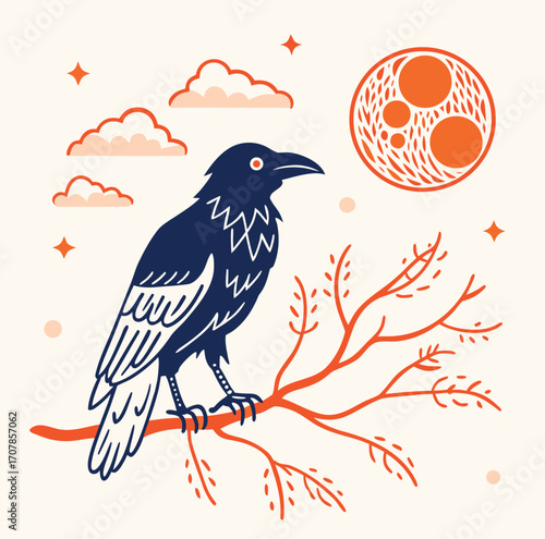 Vector illustration of a black bird on a branch, a minimalist silhouette of a raven or crow in nature