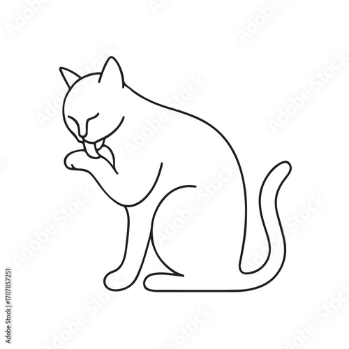 single-line sketch of a cat licking its paw, silhouette vector illustration