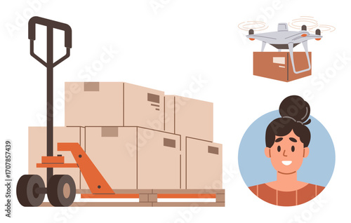 Hand pallet truck with stacked boxes, quadcopter carrying a package, and a smiling woman. Ideal for logistics, delivery, e-commerce, supply chain, transportation innovation customer service. Simple