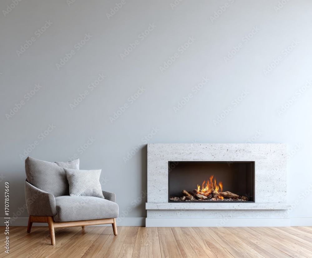 Fototapeta premium A minimalist living room with a modern fireplace and comfortable armchair features a calming, neutral color palette.