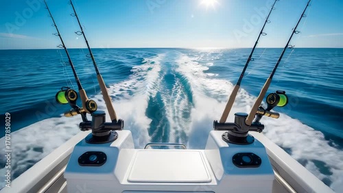 Deep sea fishing adventure on open ocean with fishing rods mounted on speedboat under bright sun and blue sky leaving foamy water trail