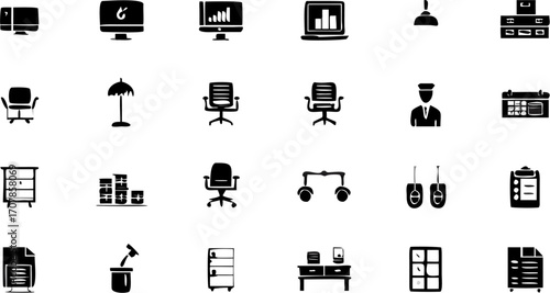 Vector illustration of office equipment and furniture including desks chairs and computer monitors displayed