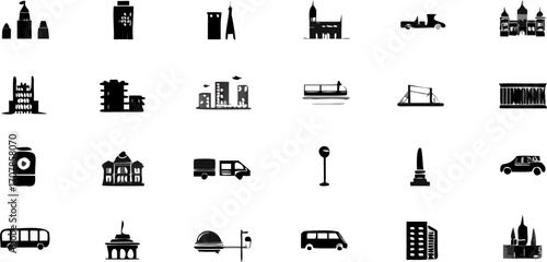 Vector illustration showcasing various city elements including buildings transportation and street furniture in black and white