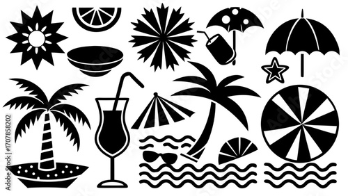 Vector illustration of summer beach elements including palm trees, umbrellas, cocktails, and ocean waves in black