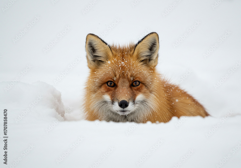Obraz premium Red fox emerges from snow, winter scene, close-up portrait.