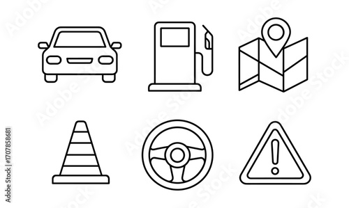 Driving icon set featuring car, gas pump, map, traffic cone, steering wheel, and warning sign for design projects