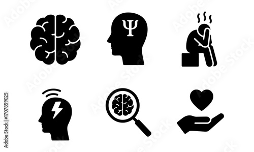 Neurology icons set with brain, psychology, and mental health concepts for medical and educational designs