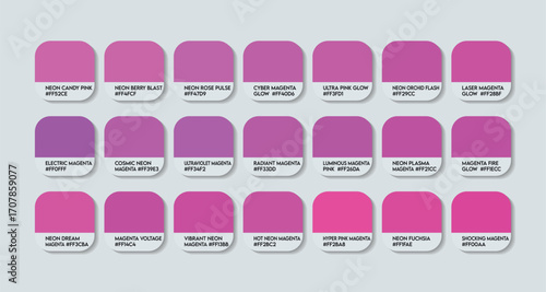 Neon Magenta Color Guide Palette with Color Names. Catalog Samples of Neon Magenta with RGB HEX codes and Names. Magenta Colors shades Vector, Pink Color Palette, Magenta Fashion Trend  Color Tones