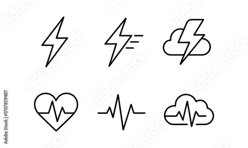 Simple electric icons collection featuring lightning and heartbeat symbols for modern design projects