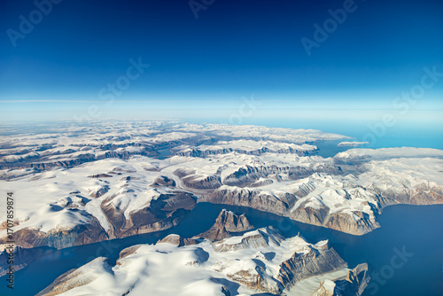 Aerial view of snowy fjords on Baffin Island, Nunavut, Canada