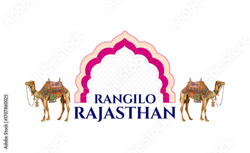 Traditional Rajasthan logo design with royal arch, decorated camels, and vibrant cultural theme, perfect for tourism and branding.