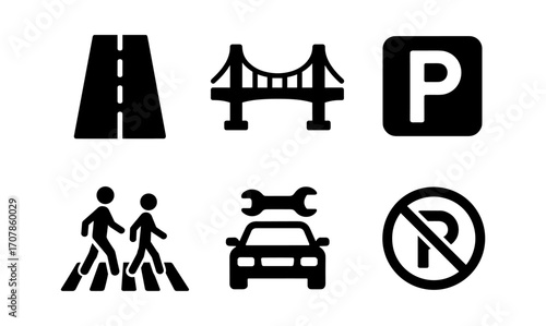 Public service icons set featuring roads, bridges, parking, crosswalks, and vehicle maintenance for urban design projects