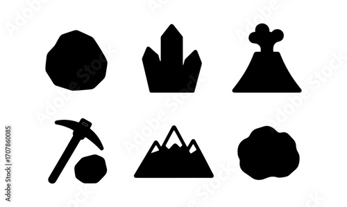 Geology icon set featuring rocks, crystals, volcano, and mountain for educational and decorative purposes