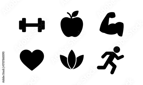 Health and fitness icon set featuring exercise, nutrition, and wellness elements for graphic design
