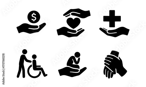 Charity and support icon silhouettes for social causes and nonprofit design projects