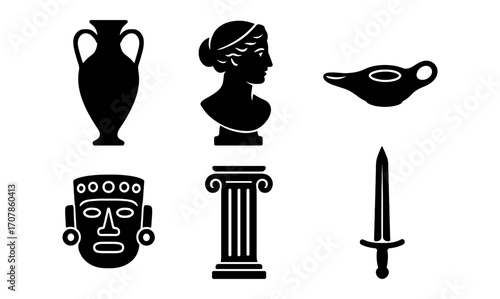 Historic badge silhouettes featuring ancient artifacts and classical symbols for design projects