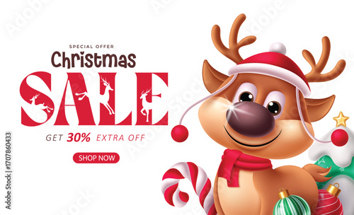 Elegant Christmas Sale vector text with Christmas reindeer, Christmas tree, candy cane and baubles in white background perfect for Christmas Sale and promotions vector illustration.