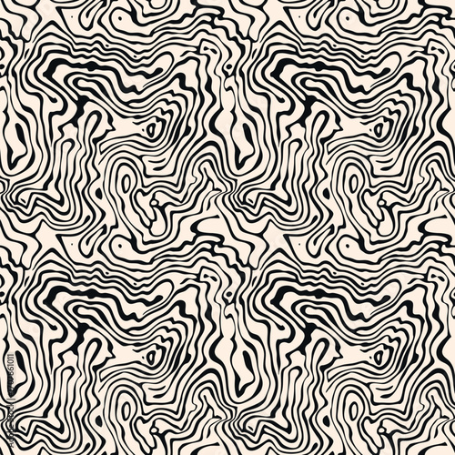 Vector seamless pattern with organic wavy lines. Abstract monochrome texture with flowing curved shapes, topographic contours. Trendy retro style background. Black and white repeated design for decor