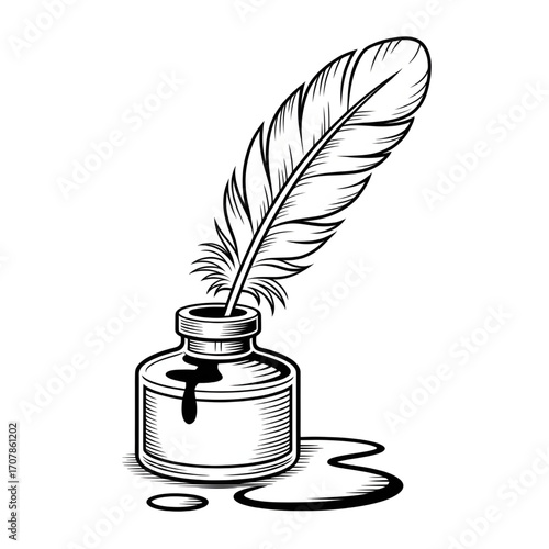 Elegant Feather Quill Pen in Ink Bottle Illustration – Vintage Writing Tool, Calligraphy, Artistic Stationery Coloring page