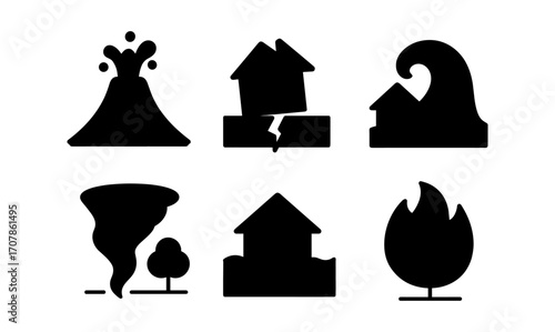 Disaster icons set featuring volcano, earthquake, flood, tsunami, tornado, and fire for emergency awareness design
