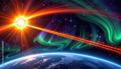 show the magnetosphere and ionosphere forming a protective system against solar wind, creating auroras, swirling plasma, and electromagnetic energy waves visible in vivid cosmic colors above earth.