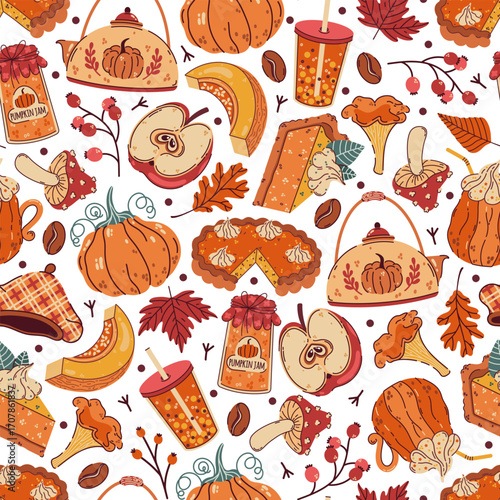 Autumn seamless vector pattern. Tasty pie, teapot, coffee, seasonal jam. Pumpkin harvest, vegetable pieces, garden apple, mushrooms, colorful leaves. Cozy background for Thanksgiving, fall festival
