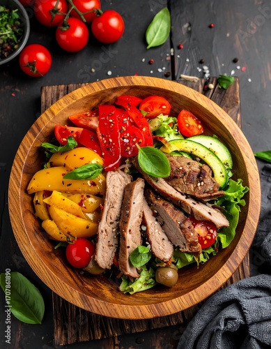 Colorful salad bowl with grilled meat and vegetables