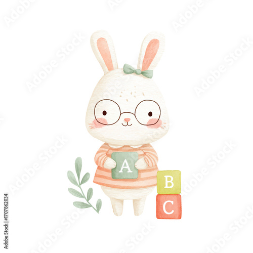 Adorable Watercolor Rabbit with ABC Blocks Cute Bunny Illustration.
