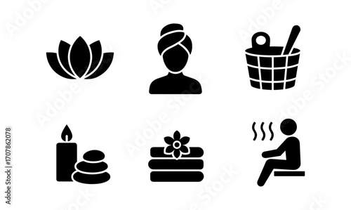 Relaxation and wellness spa and sauna icons for tranquil design projects