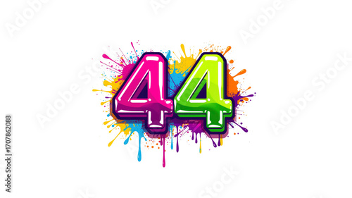 Colorful Number 44 with Paint Splatter Background -  Dynamic Design Element