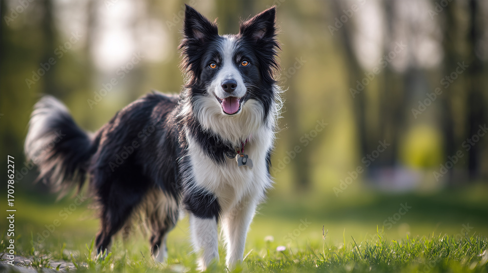 Fototapeta premium 芝生の上に立つ白黒のボーダーコリー